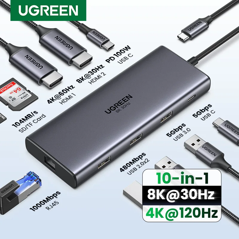 덕후 모여라 UGREEN 듀얼 HDMI USB-C 허브 8K 4K HDMI 어댑터 MacBook Pro Air 노트북 USB 허브용 RJ45 USB3.0 PD 100W 도크가 포함된 10 in 1 분배기 요약정리