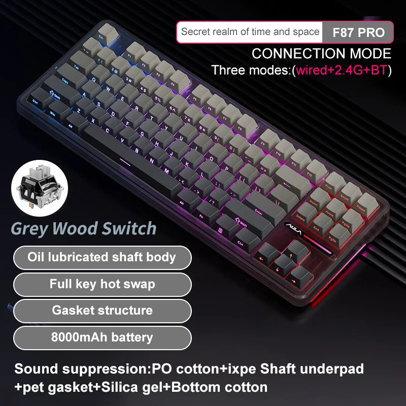 특가타임 AULA F87 Pro 기계식 키보드 2.4g/Usb/블루투스 트라이 모드 무선 87 키 Rgb Pbt 가스켓 5 레이어 침묵 전체 키 충격 없음 전합니다
