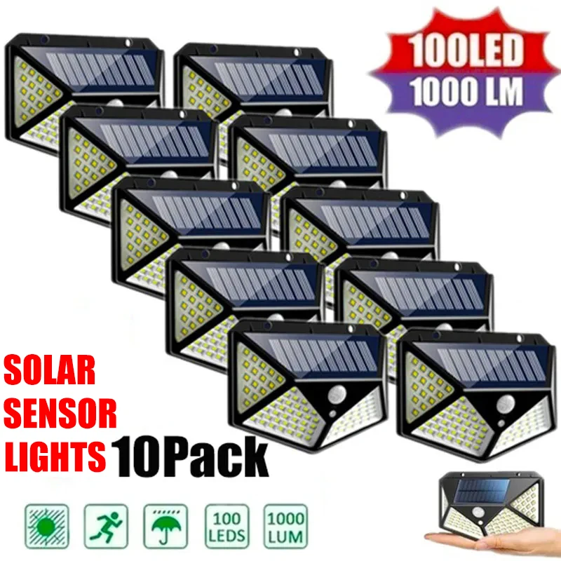 품절이 임박한 1/2/4/6/10PCS 100 LED 태양 벽 램프 4 측면 모션 센서로 빛나는 야외 정원 안뜰 방수 벽 조명 클릭해보세요